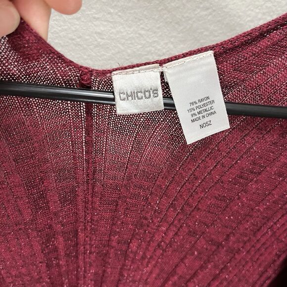 Chicos | Burgundy Maroon Red Textured Stripe Metallic Shawl Wrap Sweater One Sz - Picture 4 of 5